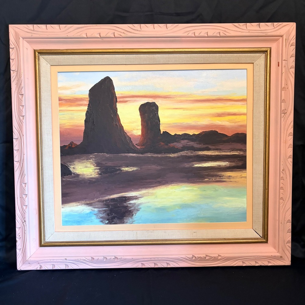 Lila Signed Seascape Oil Painting Vintage Coastal Sunset Pink Carved Wood Frame